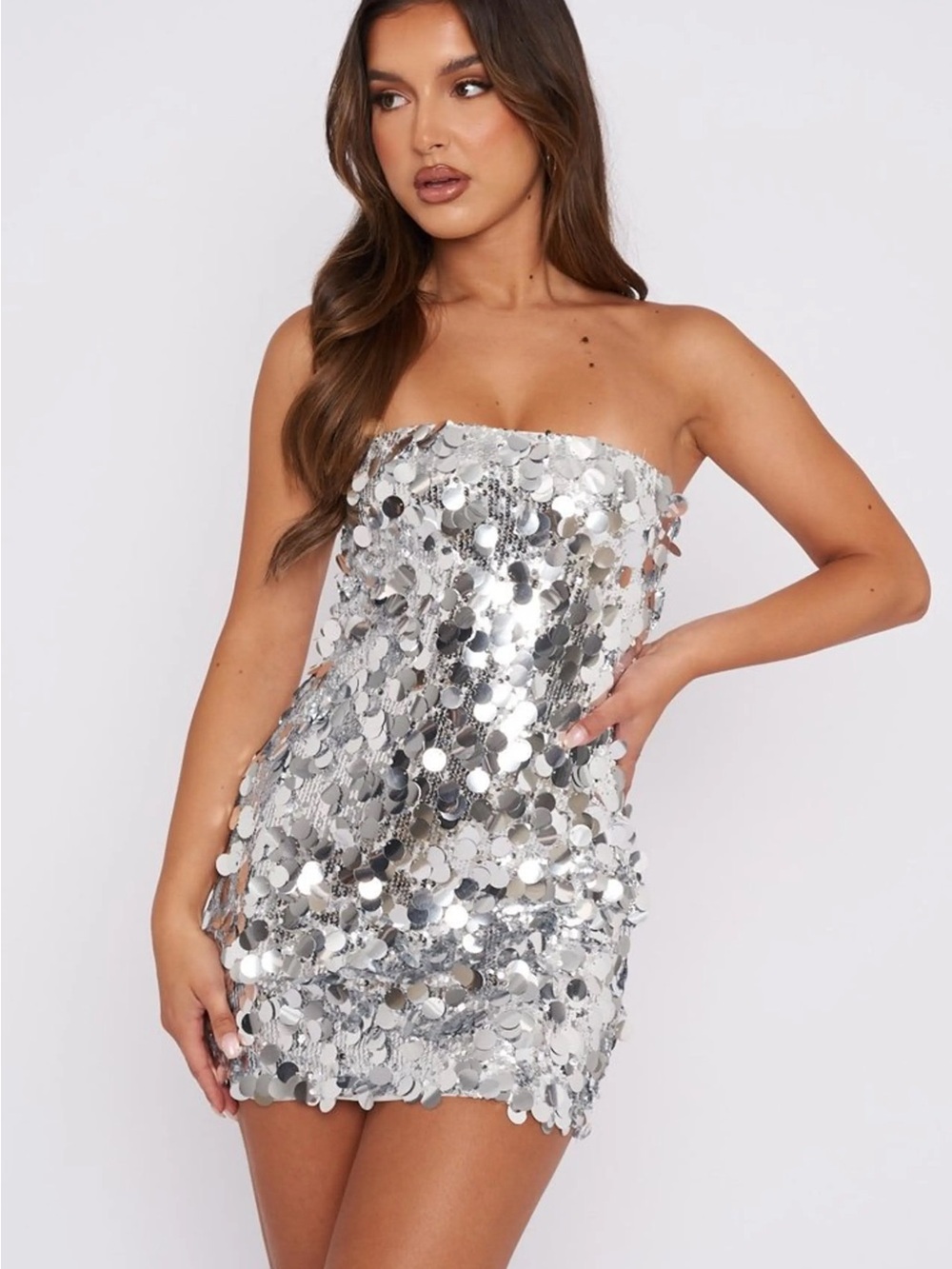 White Fox Boutique Silver Sequin Strapless Mini Dress